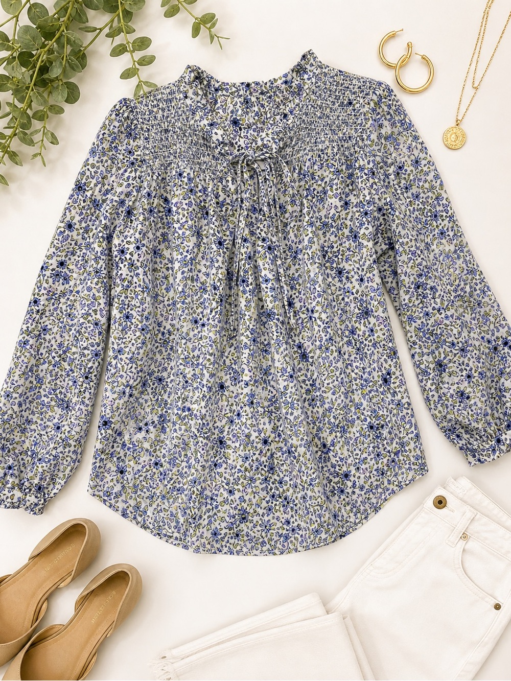 Rachel Zoe Floral Smocked Blouse S | Blue Lavender Print Boho Top